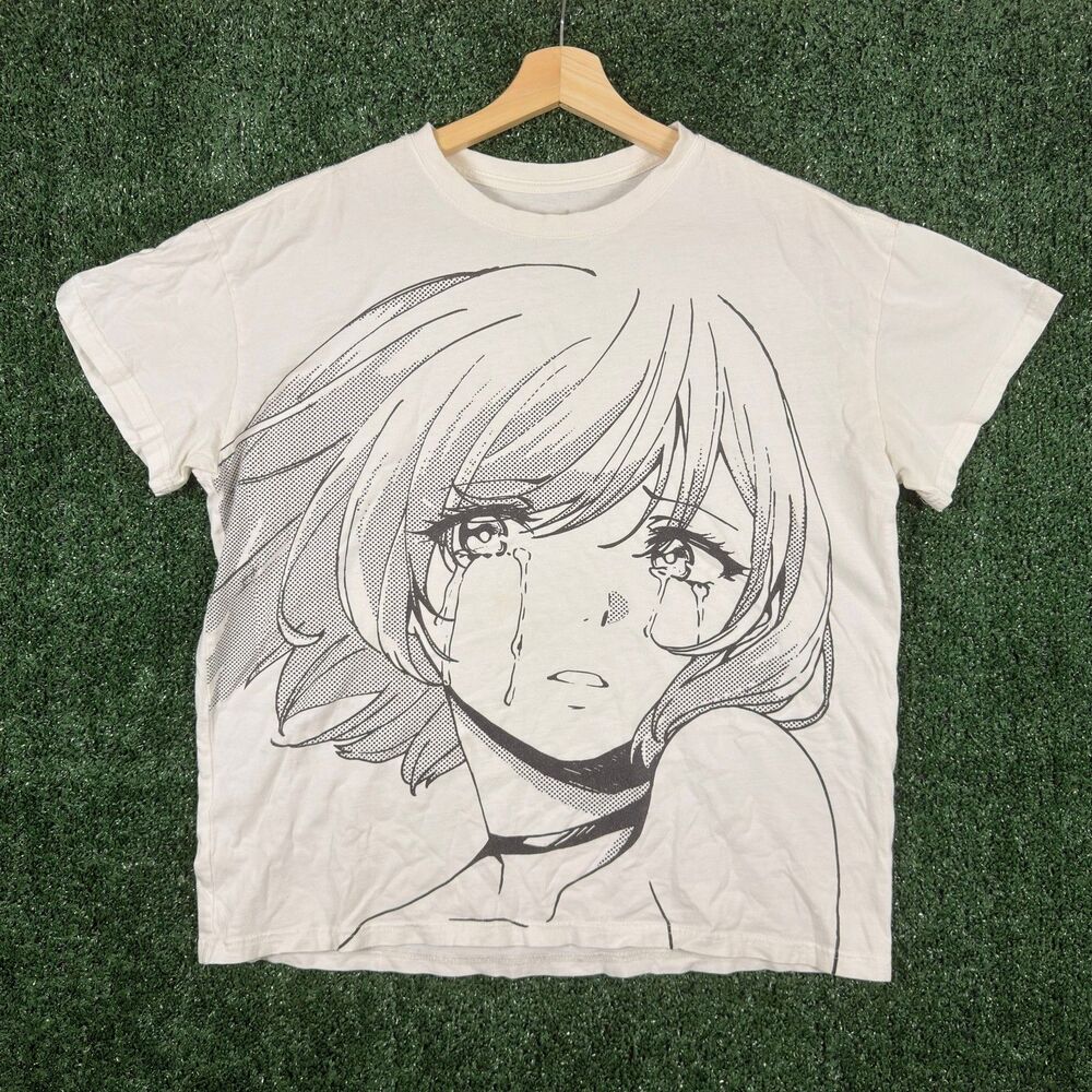 Animebae Men's T-Shirt Size M White Crying Girl Anime Manga Graphic Tee Sad Boys
